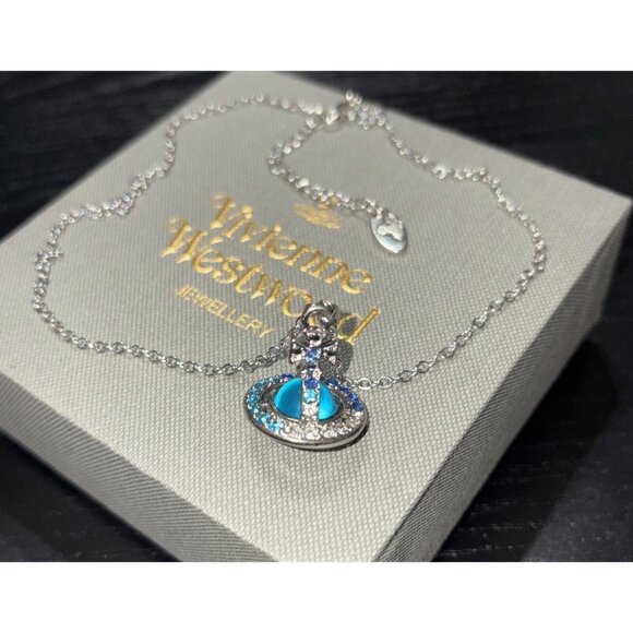 Vivienne Westwood Silver 3D Blue Orb Necklace Chain With Box - Picture 1 of 7